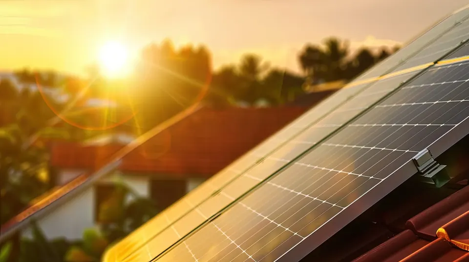 Painéis solares sobre um telhado residencial ao pôr do sol