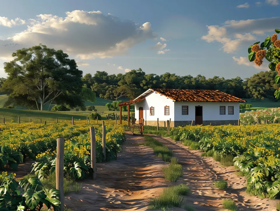 Casa em uma propriedade rural cercada por áreas de cultivo